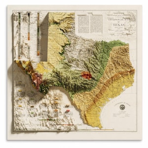 Puede incluir: Un mapa geológico 3D de Texas, con un diseño en relieve que muestra elevaciones variables y terreno codificado por colores. El mapa incluye texto que detalla información geológica y el sello de la Universidad de Texas. El mapa está montado sobre un fondo blanco.