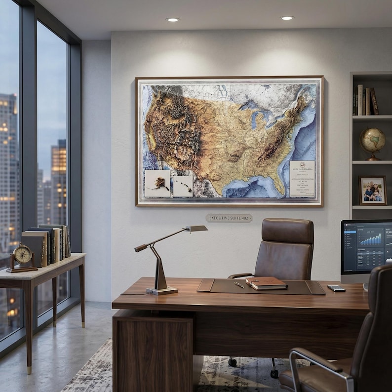 May include: A framed relief map of the United States, showcasing topographical details in shades of brown, tan, and blue. The map is mounted on a wall in an office setting, above a dark wood desk. The office features a city view.