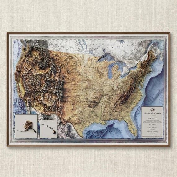 3D Relief USA Map Wall Art • Textured Topographic Design • Handcrafted Decor