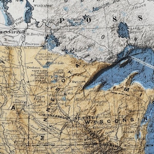 May include: A detailed vintage map of the upper Midwest region of the United States and parts of Canada. The map features a sepia-toned background with blue water features, including the Great Lakes and Lake Winnipeg. Cities and geographical features are labeled.