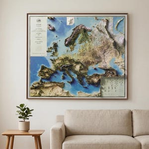 3D Europe Relief Map Wall Art, European Topographic Decor, Vintage Travel Gift for Home Office