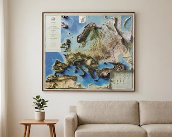 3D Europe Relief Map Wall Art, European Topographic Decor, Vintage Travel Gift for Home Office