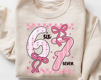 Pink 67 Meme Shirt, Six Seven Trend Tee, Funny Viral Number Sweatshirt, Colorful Retro Gen Z