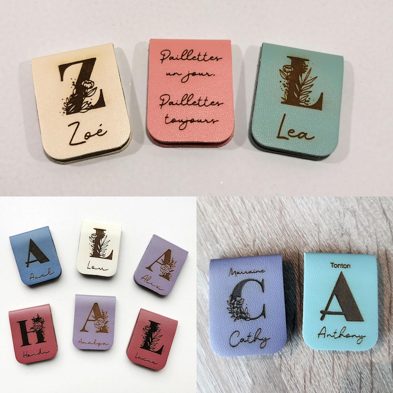 May include: A collection of rectangular magnetic bookmarks made of textured material in various colors including beige, pink, teal, blue, purple, and red. Each bookmark features laser-engraved letters, names, and floral designs.
