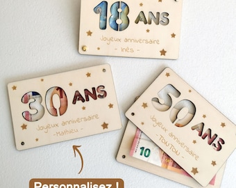 Personalized wooden birthday card holder – Original money gift – TADAAA or Happy Birthday – Name & age