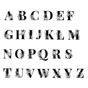 May include: A complete set of twenty-six uppercase English alphabet letters from A to Z, rendered in a bold black serif font. Each individual letter is decorated with intricate black and white line art illustrations of various floral motifs.