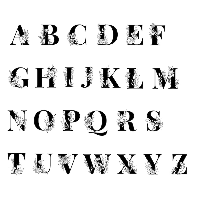 May include: A complete set of twenty-six uppercase English alphabet letters from A to Z, rendered in a bold black serif font. Each individual letter is decorated with intricate black and white line art illustrations of various floral motifs.