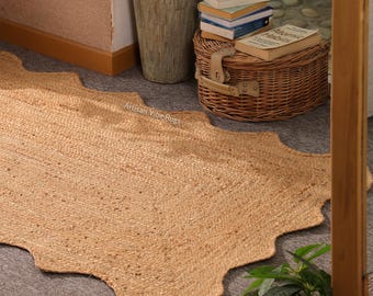 Alfombra de yute festoneada - Alfombra de yute natural, alfombra con borde ondulado, alfombra bohemia, alfombra de yute festoneada, alfombra rectangular de yute, alfombra de yute festoneada, alfombra personalizada