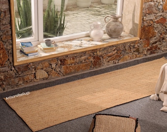 Gevlochten jute tapijt, natuurlijk geweven vloerkleed, boerderij boho decor, rustiek jute tapijt