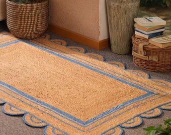Alfombra de yute: festoneada, bohemia, de yute natural, rectangular, personalizada