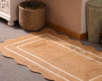 Natürlicher Juteteppich, Teppich mit gewellter Kante, Teppich mit gewellter Kante, Boho-Teppich, Teppich mit gewellter Kante, Juteteppich