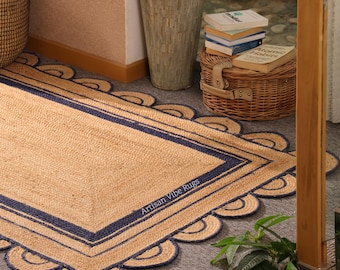 Blue Scalloped Jute Rug, Hand Stitched Bohemian Decor