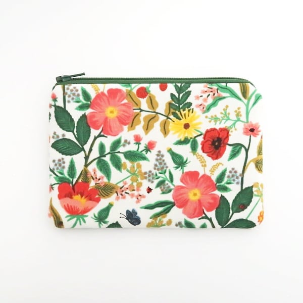 Red poppy flowers zipper coin pouch - green vine plants coin purse wallet - rifle paper co bag - fabric change purse - cute small gift idea