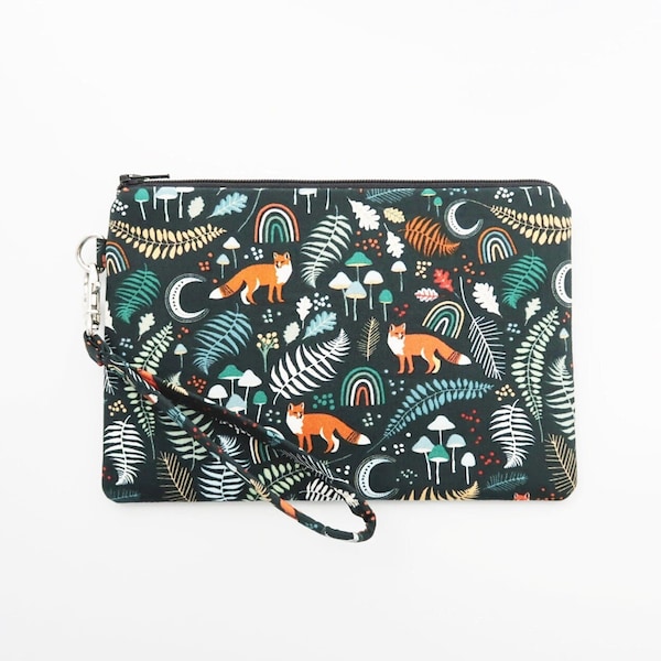 Forest fox wristlet wallet pouch - ferns and mushroom clutch purse - dark navy blue cell phone wristlet - zippered fabric purse