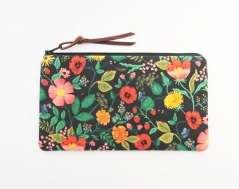 Red poppy flowers pencil zipper pouch - green vine plants cell phone zippered clutch - rifle paper co bag - fabric pen case