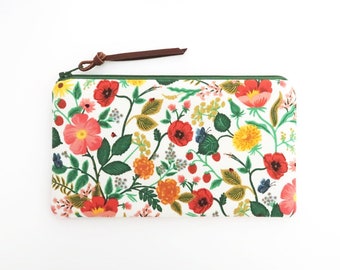 Red poppy flowers pencil zipper pouch - green vine plants cell phone zippered clutch - rifle paper co fabric purse - cotton pen case