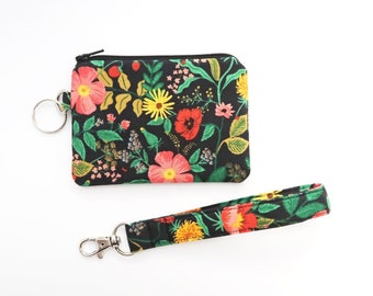 Red poppy flowers coin purse wristlet - green vine leaf card holder pouch - cute keychain pouch - rifle paper co bag - fabric change purse