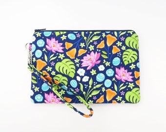 Monstera leaf wristlet wallet pouch - dark blue clutch purse - floral fabric cell phone wristlet zippered purse - cute plant lover gifts