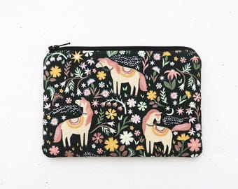Fabric coin purse dark green, Wild horse with flower zipper wallet, Handmade cotton pouch