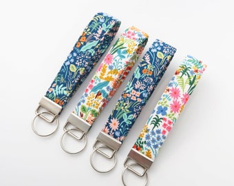 Colorful floral garden keychain wristlet strap - cute rifle paper co fabric short lanyard - wristlet key fob for her - SALE