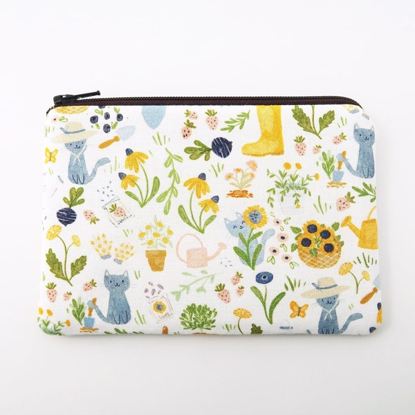 Cat in the garden card pouch wallet - yellow sunflowers zippered pouch - fabric coin purse - cute small gifts ideas