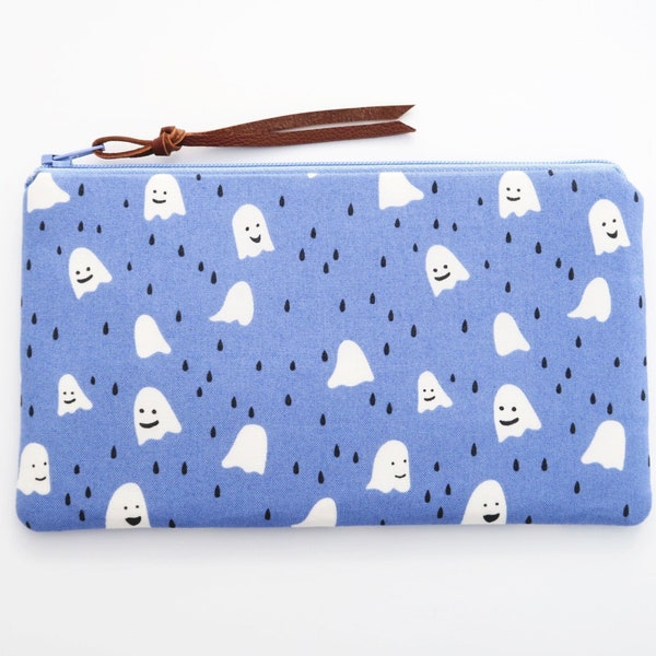 Periwinkle smiley ghost pencil pouch - cell phone clutch - padded zipper bag - purple pen case - gifts for her