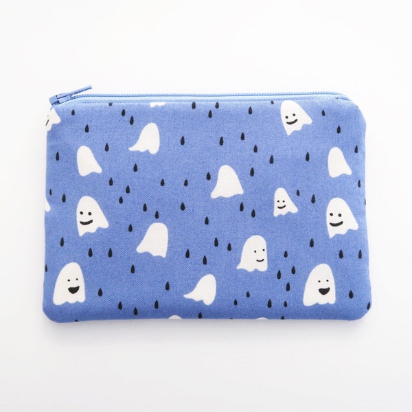 Periwinkle smiley ghost zippered pouch - purple card pouch wallet - fabric coin purse - cute small gifts ideas