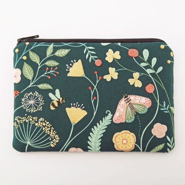 Yellow flowers and leaves zipper card pouch - bee coin purse wallet - moths fabric dark green change purse - cute small gifts ideas