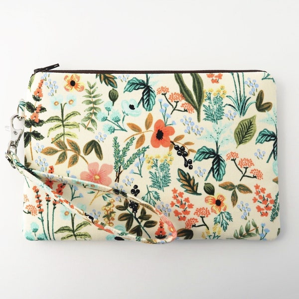 Flowers wristlet purse - rifle paper fabric zipper pouch - floral cotton bag - zipper wallet pouch - cute gift for friend