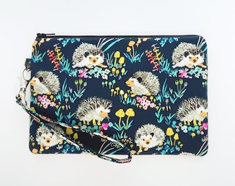 Cute woodland hedgehog wristlet wallet pouch - yellow mushroom cell phone clutch purse - dark blue wristlet bag