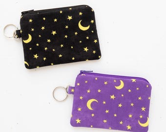 Keychain pouch, Black or purple moon with stars zipper wallet, Handmade fabric coin bag