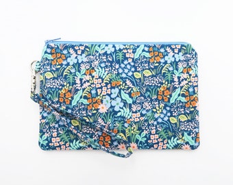 Floral wristlet wallet pouch for women - Blue fabric zippered clutch purse - Rifle paper co flowers cell phone wristlet bag