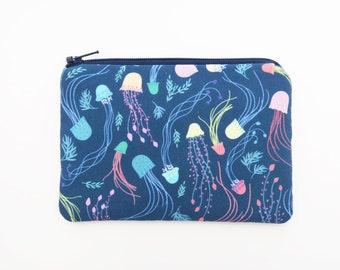 Jellyfish zippered pouch - sea jellies card pouch wallet - blue sea life fabric coin purse - cute small gifts ideas