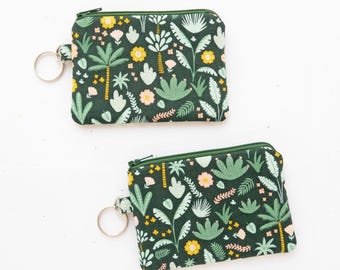 Floral & palm leaves fabric keychain pouch green, Handmade zipper coin purse