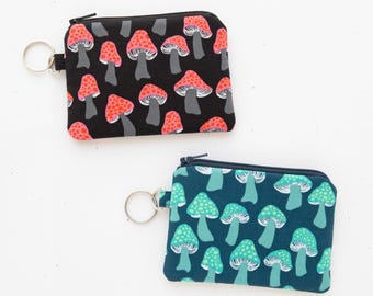 Small cotton bag for Airpods, Toadstool mushroom zipper pouch, Handmade keychain coin purse