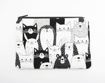 Black and white fabric pouch for girls - Cute smiley animals coin purse wallet pouch - zipper card pouch change purse