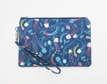 Jellyfish wristlet wallet pouch - sea jellies clutch purse - blue cell phone wristlet - zippered fabric purse - sea life gift