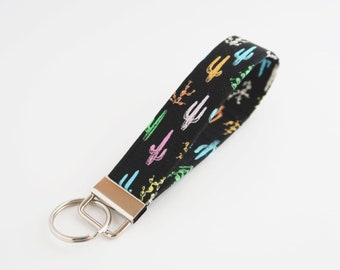 Colorful cactus wristlet keychain - black wristlet strap - key fob wristlet - cute gifts for women - SALE