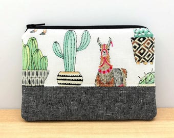 Cactus Llama Pouch - Cute Coin Purse - Llama Lovers Gift - Llama Wallet Pouch - Small Change Purse - Padded Zip Pouch - Gift for her