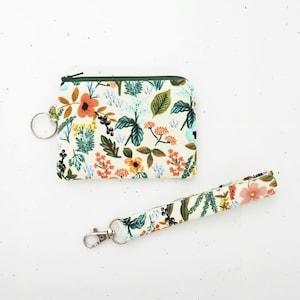 Coin purse wristlet, Rifle paper floral fabric bag, zipper wallet, Handmade keychain pouch