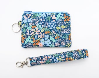 Meadow garden coin purse wristlet - rifle paper co bag - fabric card holder pouch - keychain zipper wallet - blue floral change purse