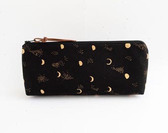 Slim zipper pouch black, Moon pen case, Handmade notions bag padded