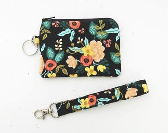 Rifle paper floral fabric coin pouch wallet, Handmade keychain wristlet purse