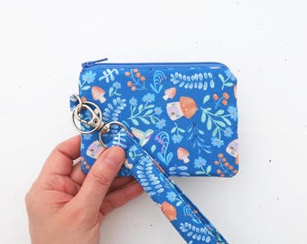 Coin purse with wristlet, Cottage mushroom fabric pouch blue, Keychain wallet for her