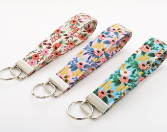 Cute short lanyard for women floral wristlet key fob - rifle paper co keychain wristlet - fabric wrist lanyard for keys - SALE