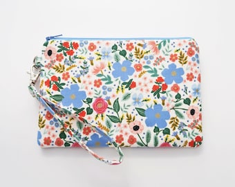 Wild flowers wristlet wallet pouch - rifle paper co clutch purse - cell phone wristlet - zippered fabric purse - cute gift idea for her