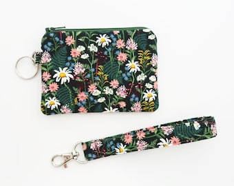 Wildflowers white daisy coin purse wristlet - card holder pouch - cute keychain zipper wallet - rifle paper co bag - fabric change purse