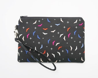 Starry bats wristlet wallet - cell phone clutch purse - black cotton fabric pouch - cute gifts ideas for friends