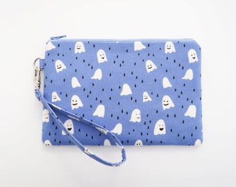 Periwinkle smiley ghost wristlet wallet pouch - purple clutch purse - cell phone wristlet - zippered fabric purse - cute gift for her