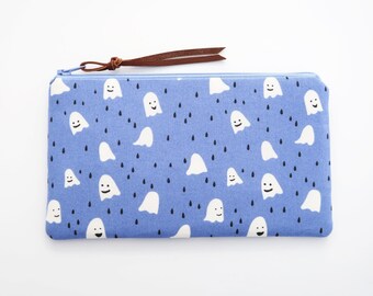 Periwinkle smiley ghost pencil pouch - cell phone clutch - padded zipper bag - purple pen case - gifts for her